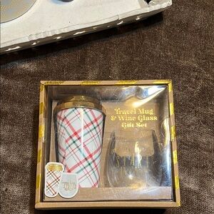 NWT Plaid Travel Mug and Wine Glass Gift Set